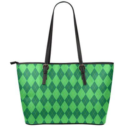 Green Argyle Pattern Print Leather Tote Bag