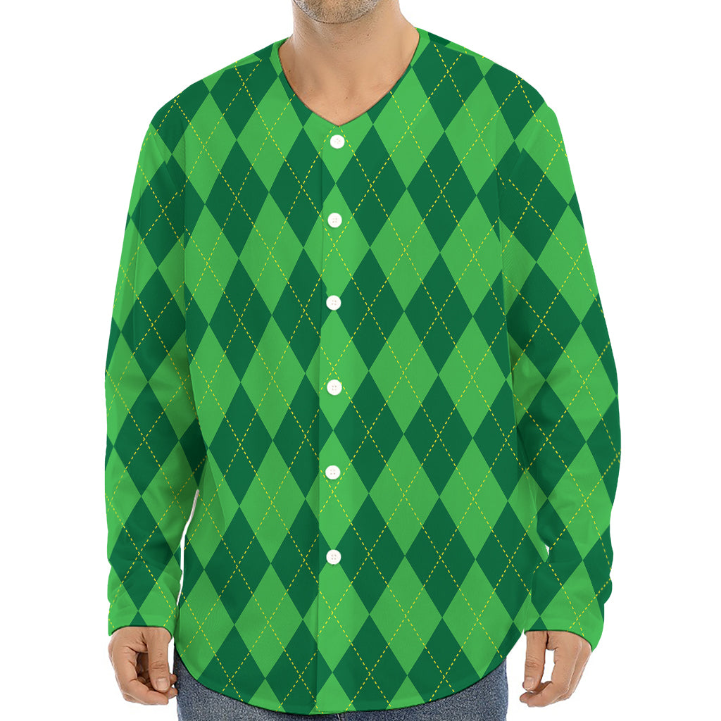 Green Argyle Pattern Print Long Sleeve Baseball Jersey