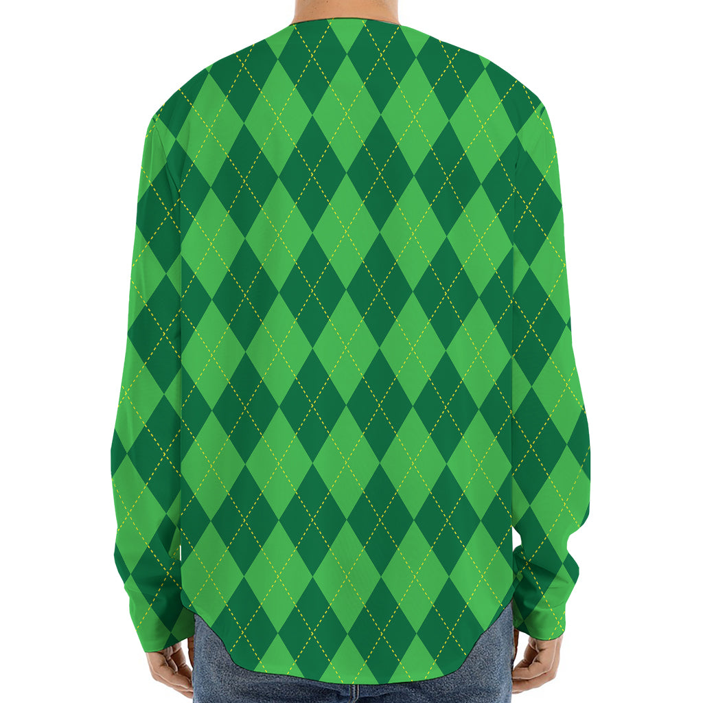 Green Argyle Pattern Print Long Sleeve Baseball Jersey