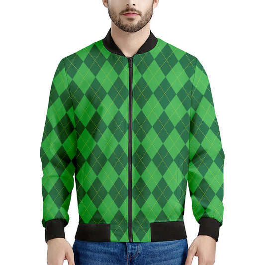 Green Argyle Pattern Print Men's Bomber Jacket