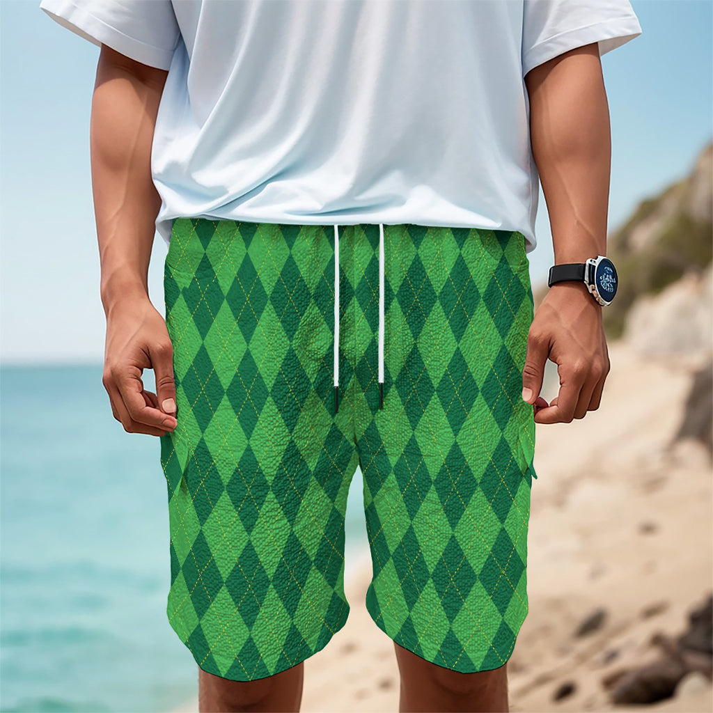 Green Argyle Pattern Print Men's Cargo Shorts
