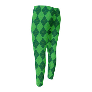 Green Argyle Pattern Print Men's Compression Pants