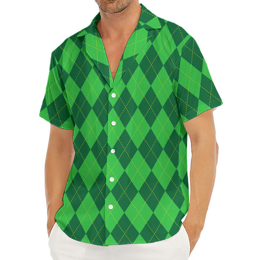 Green Argyle Pattern Print Men's Deep V-Neck Shirt
