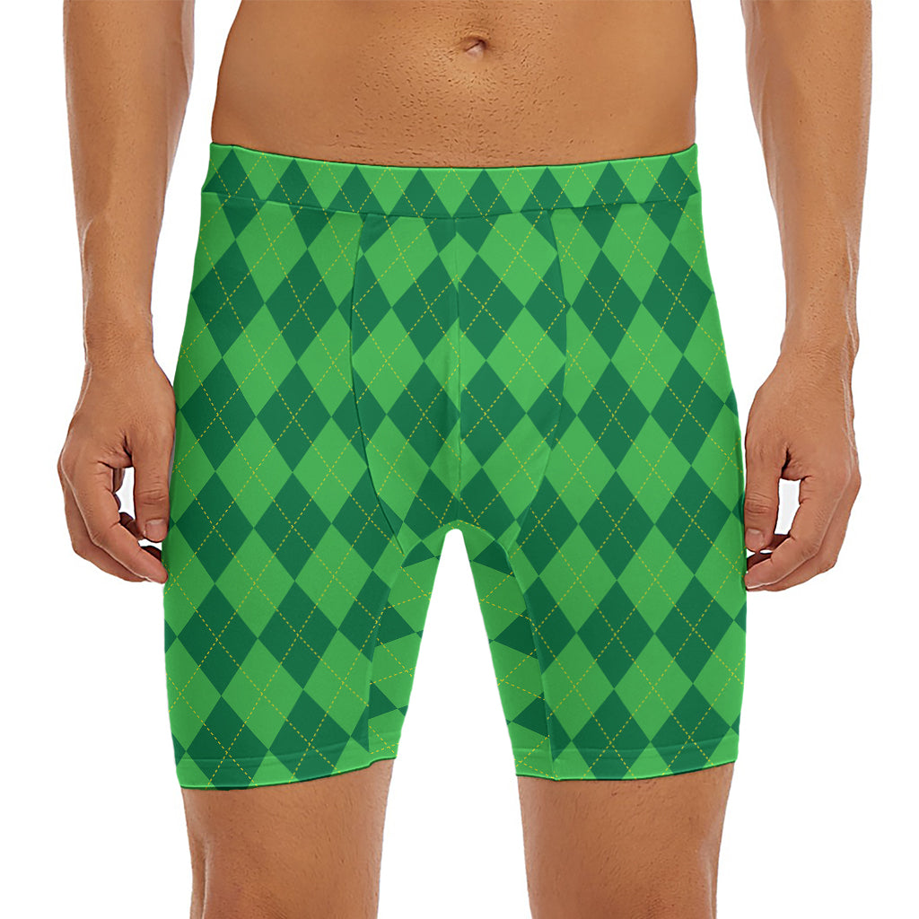 Green Argyle Pattern Print Men's Long Boxer Briefs