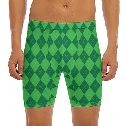 Green Argyle Pattern Print Men's Long Boxer Briefs