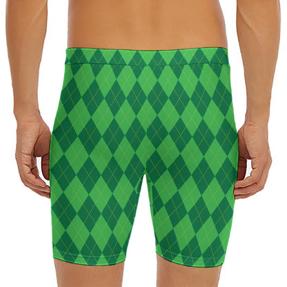Green Argyle Pattern Print Men's Long Boxer Briefs