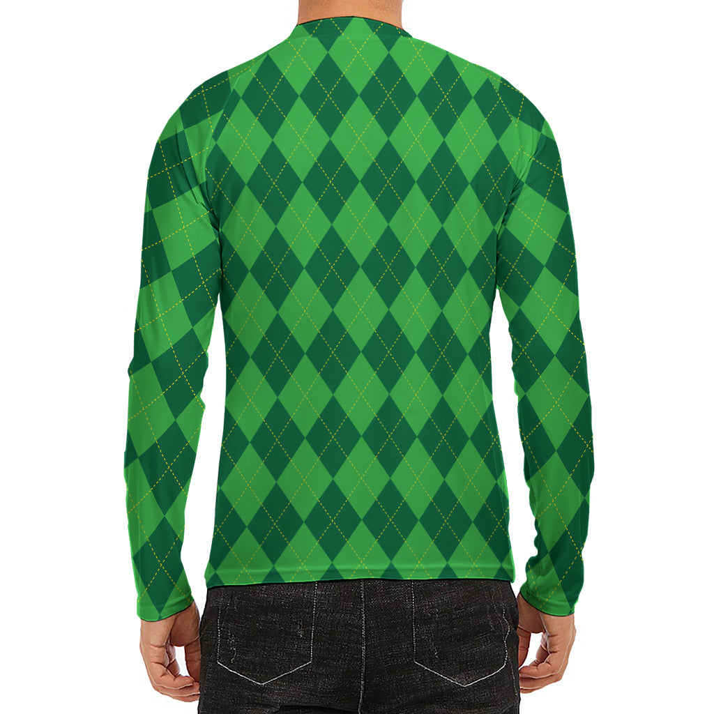 Green Argyle Pattern Print Men's Long Sleeve Rash Guard