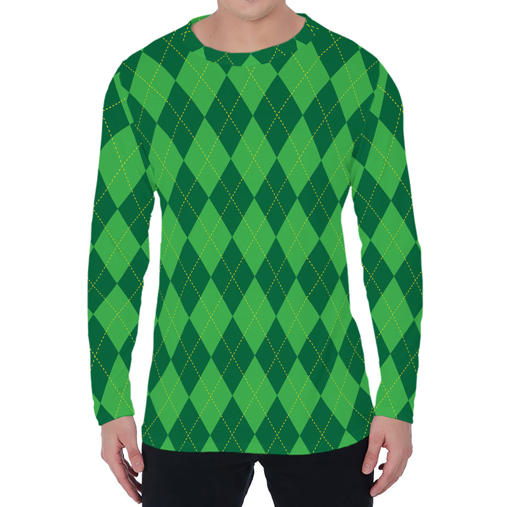 Green Argyle Pattern Print Men's Long Sleeve T-Shirt