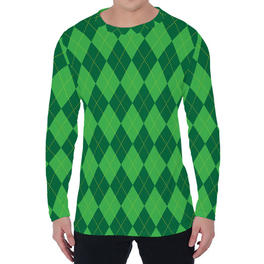 Green Argyle Pattern Print Men's Long Sleeve T-Shirt