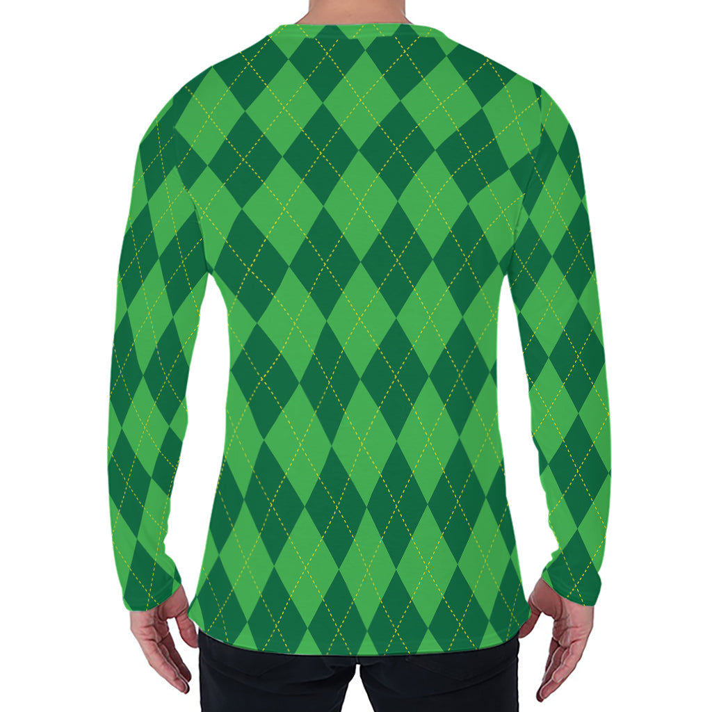 Green Argyle Pattern Print Men's Long Sleeve T-Shirt