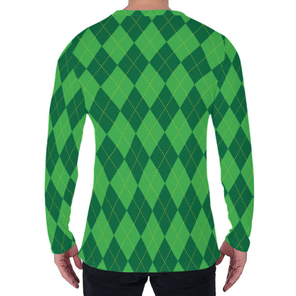 Green Argyle Pattern Print Men's Long Sleeve T-Shirt