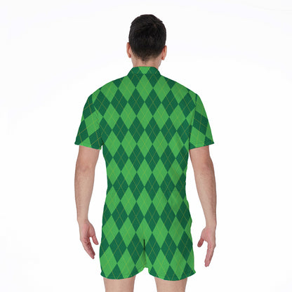 Green Argyle Pattern Print Men's Rompers