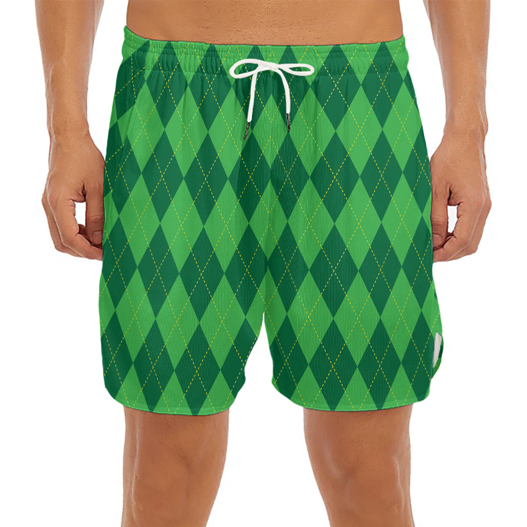 Green Argyle Pattern Print Men's Split Running Shorts