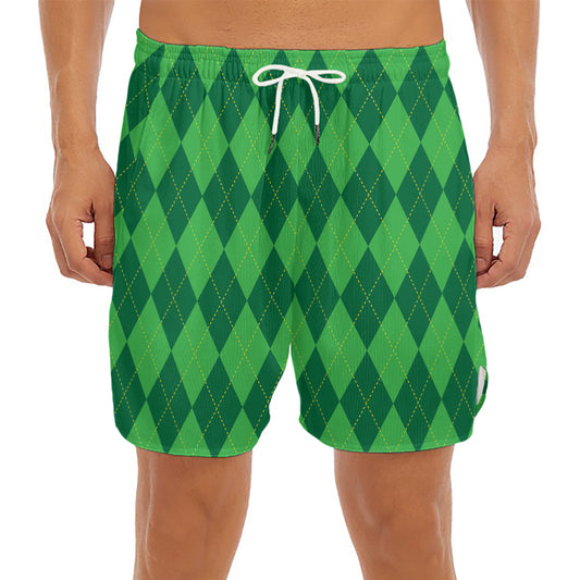 Green Argyle Pattern Print Men's Split Running Shorts