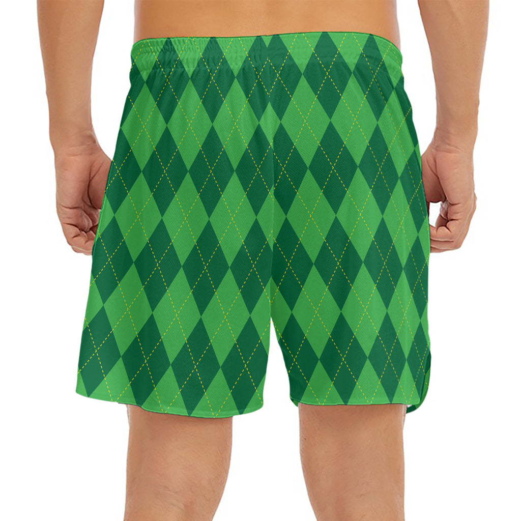 Green Argyle Pattern Print Men's Split Running Shorts
