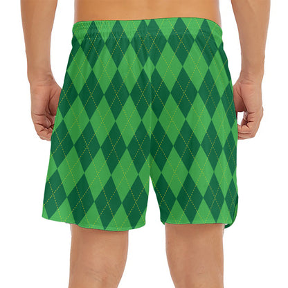 Green Argyle Pattern Print Men's Split Running Shorts