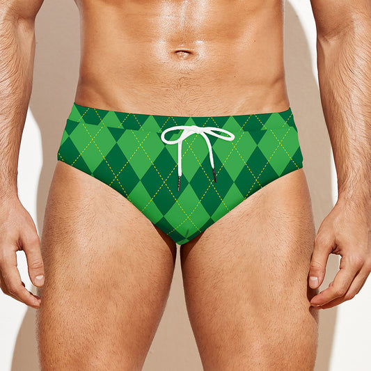 Green Argyle Pattern Print Men's Swim Briefs