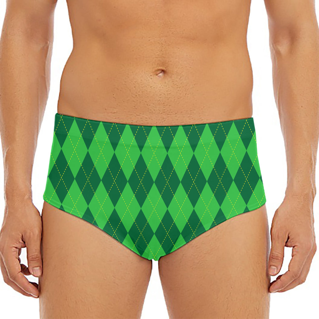 Green Argyle Pattern Print Men's Triangle Swim Briefs