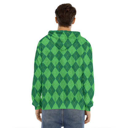 Green Argyle Pattern Print Men's Velvet Pullover Hoodie