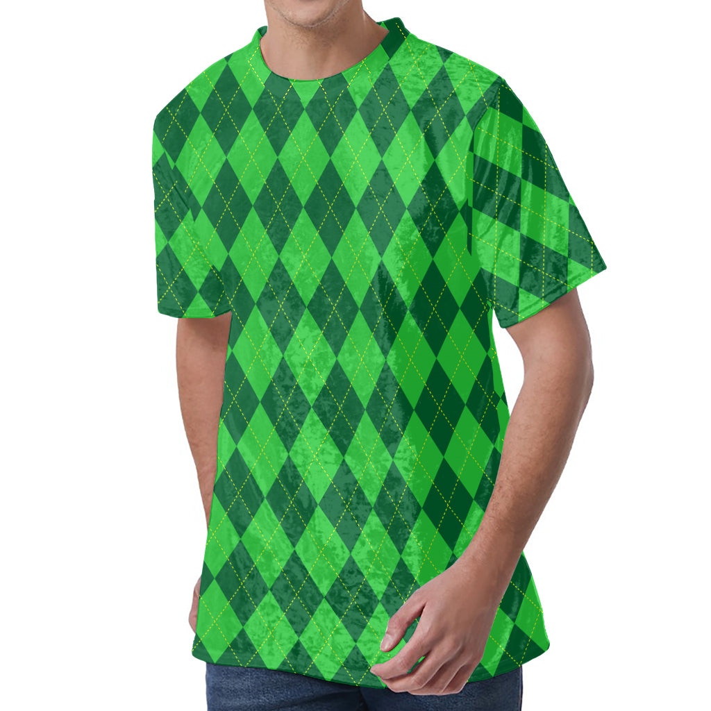 Green Argyle Pattern Print Men's Velvet T-Shirt