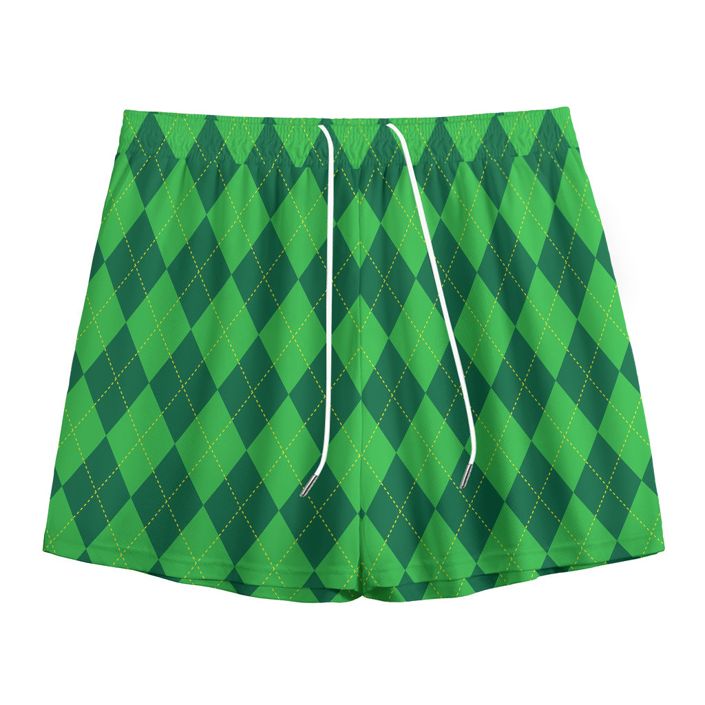 Green Argyle Pattern Print Mesh Shorts