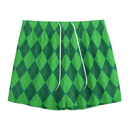 Green Argyle Pattern Print Mesh Shorts