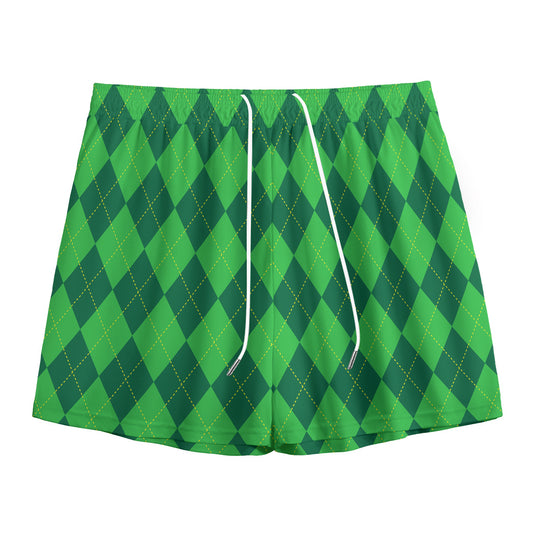 Green Argyle Pattern Print Mesh Shorts