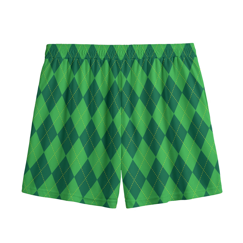 Green Argyle Pattern Print Mesh Shorts