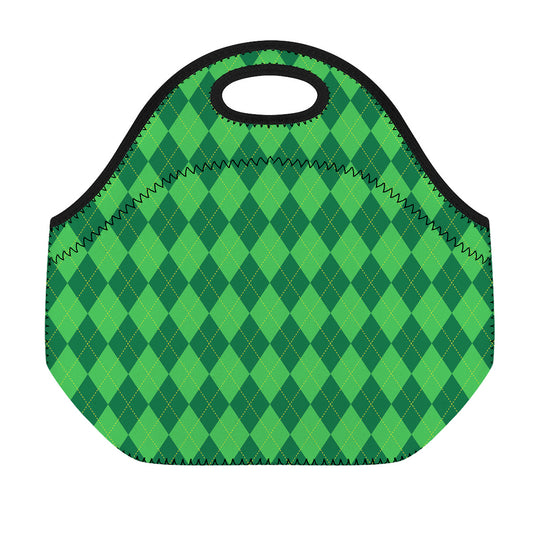 Green Argyle Pattern Print Neoprene Lunch Bag