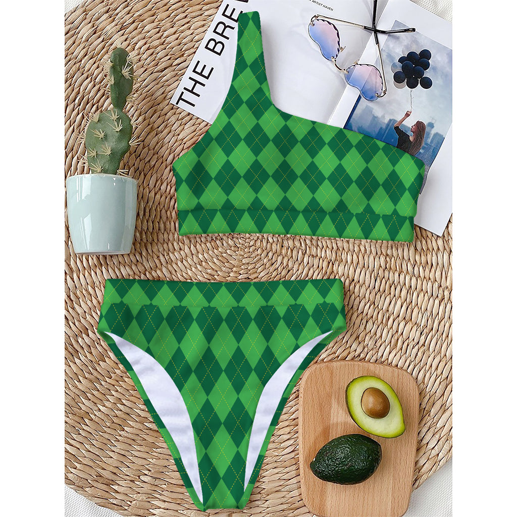 Green Argyle Pattern Print One Shoulder Bikini Top
