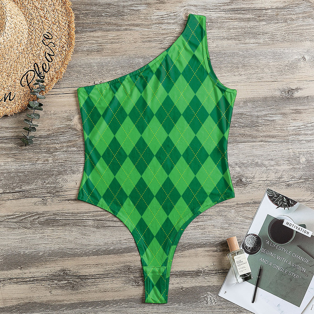 Green Argyle Pattern Print One Shoulder Bodysuit