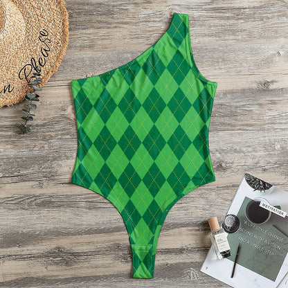 Green Argyle Pattern Print One Shoulder Bodysuit