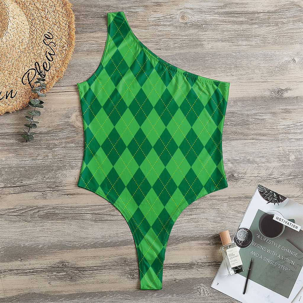 Green Argyle Pattern Print One Shoulder Bodysuit
