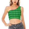 Green Argyle Pattern Print One Shoulder Crop Top