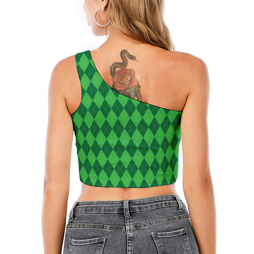 Green Argyle Pattern Print One Shoulder Crop Top