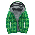 Green Argyle Pattern Print Sherpa Lined Zip Up Hoodie