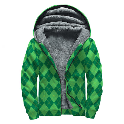 Green Argyle Pattern Print Sherpa Lined Zip Up Hoodie