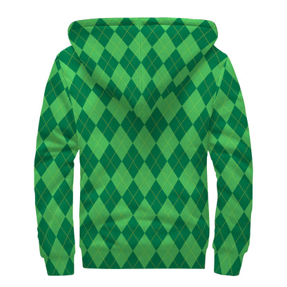 Green Argyle Pattern Print Sherpa Lined Zip Up Hoodie