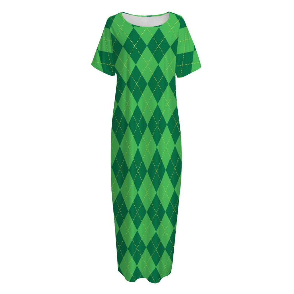 Green Argyle Pattern Print Short Sleeve Long Nightdress