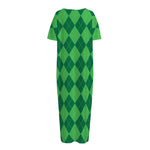 Green Argyle Pattern Print Short Sleeve Long Nightdress