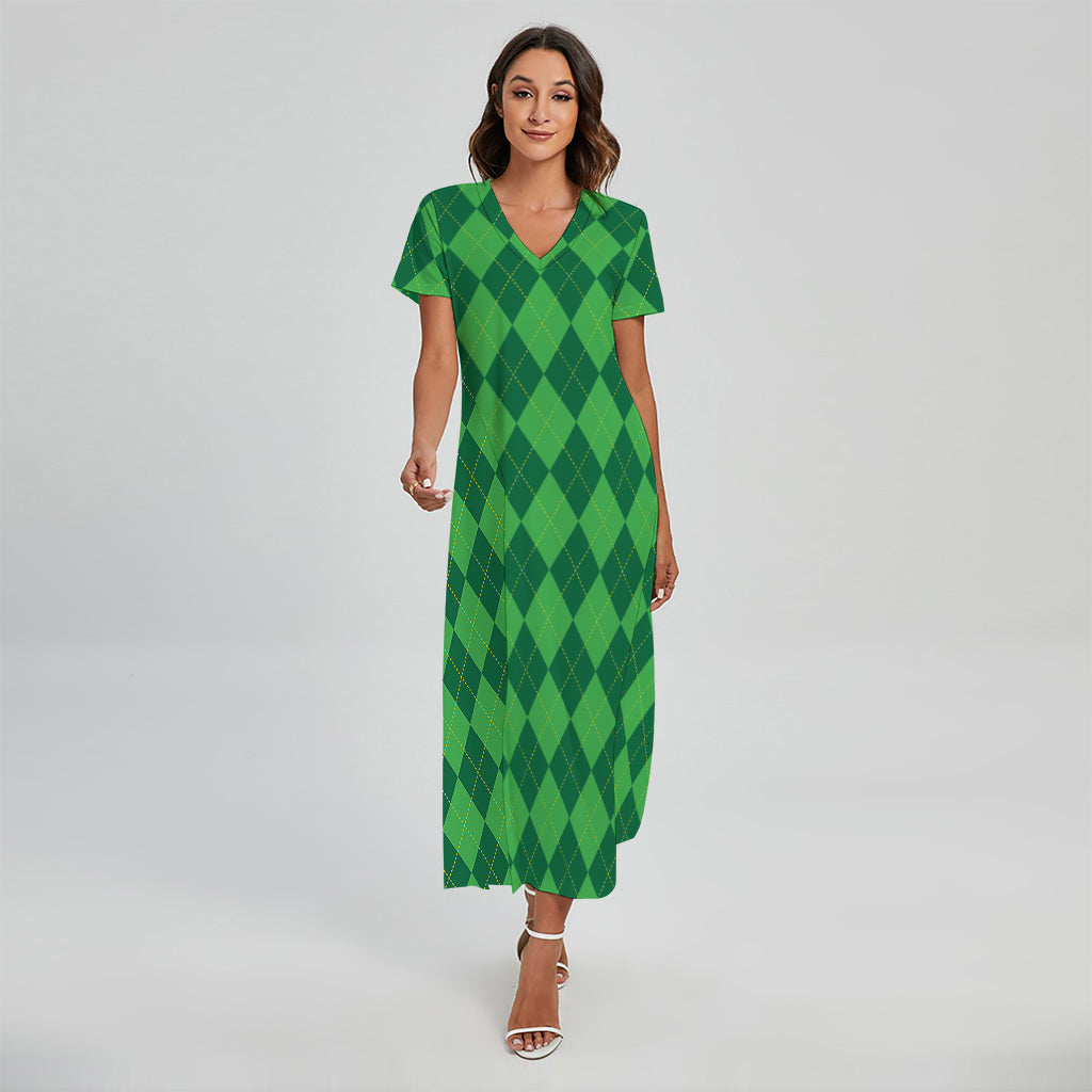 Green Argyle Pattern Print Short Sleeve Maxi Dress