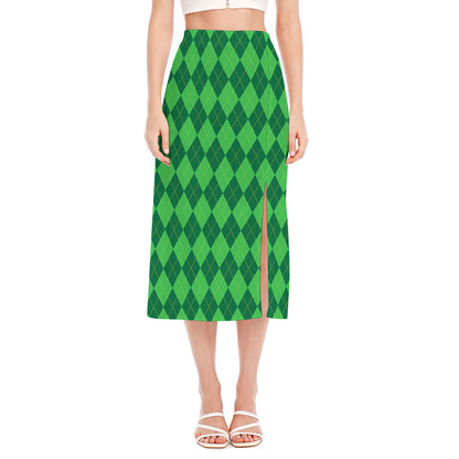 Green Argyle Pattern Print Side Slit Midi Skirt