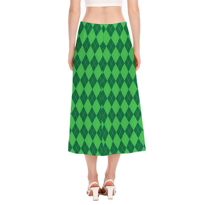 Green Argyle Pattern Print Side Slit Midi Skirt