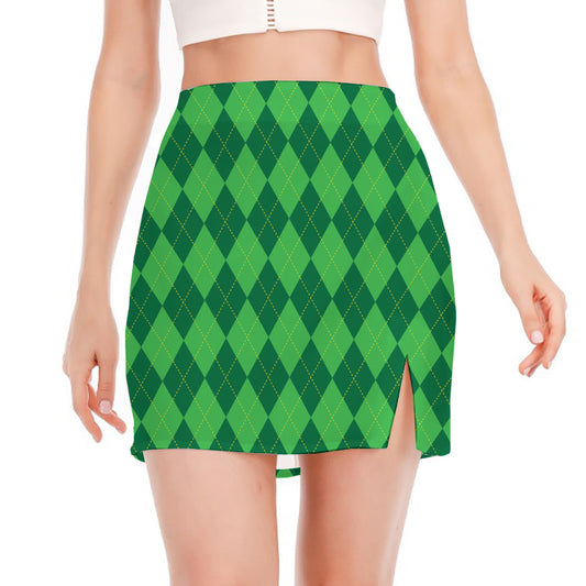 Green Argyle Pattern Print Side Slit Mini Skirt