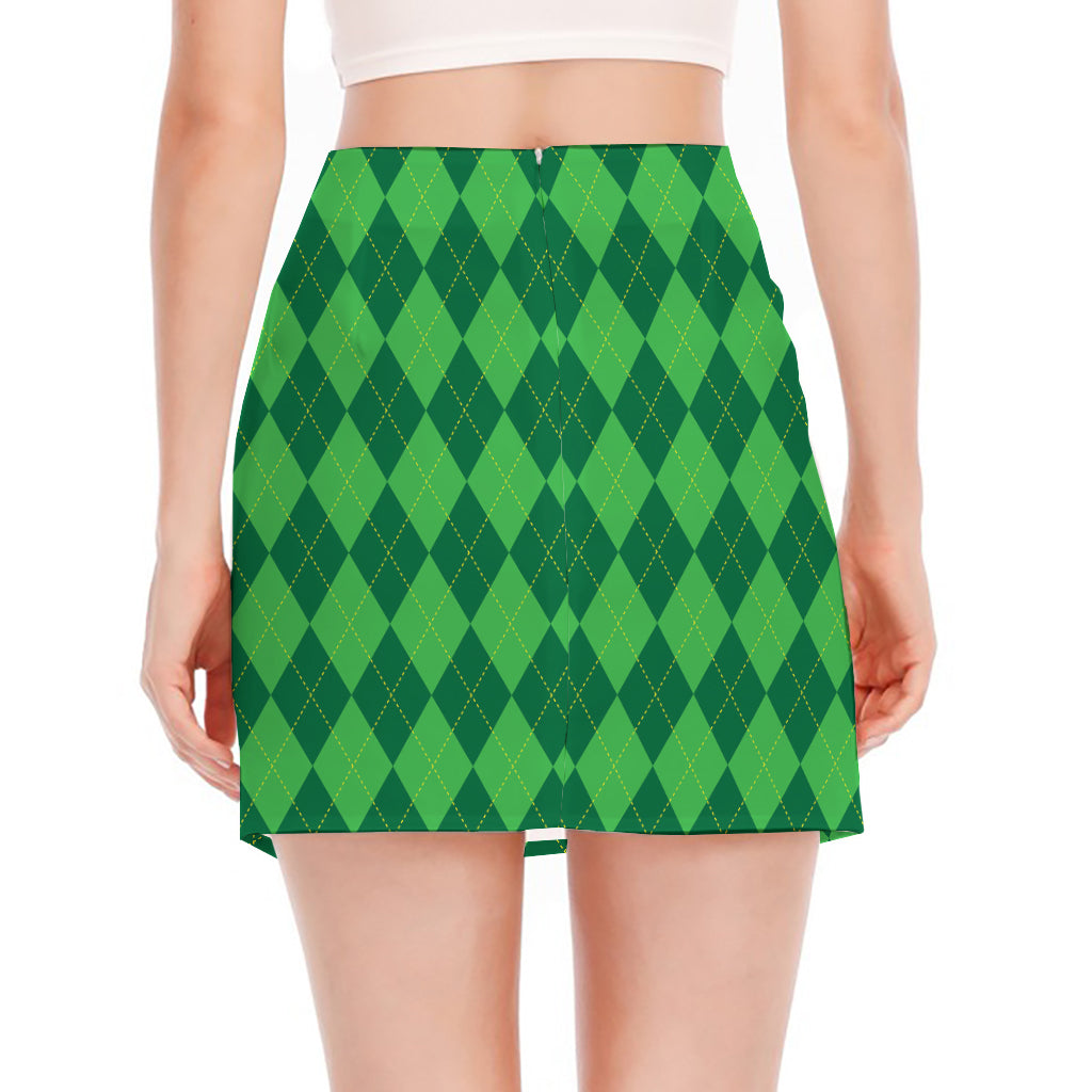 Green Argyle Pattern Print Side Slit Mini Skirt