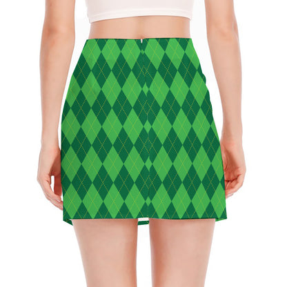 Green Argyle Pattern Print Side Slit Mini Skirt