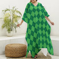 Green Argyle Pattern Print Silk V-Neck Kaftan Dress