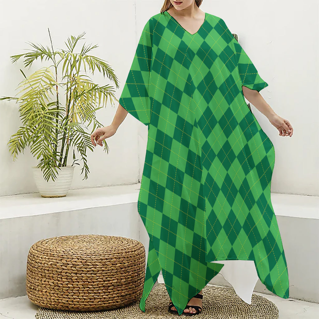 Green Argyle Pattern Print Silk V-Neck Kaftan Dress