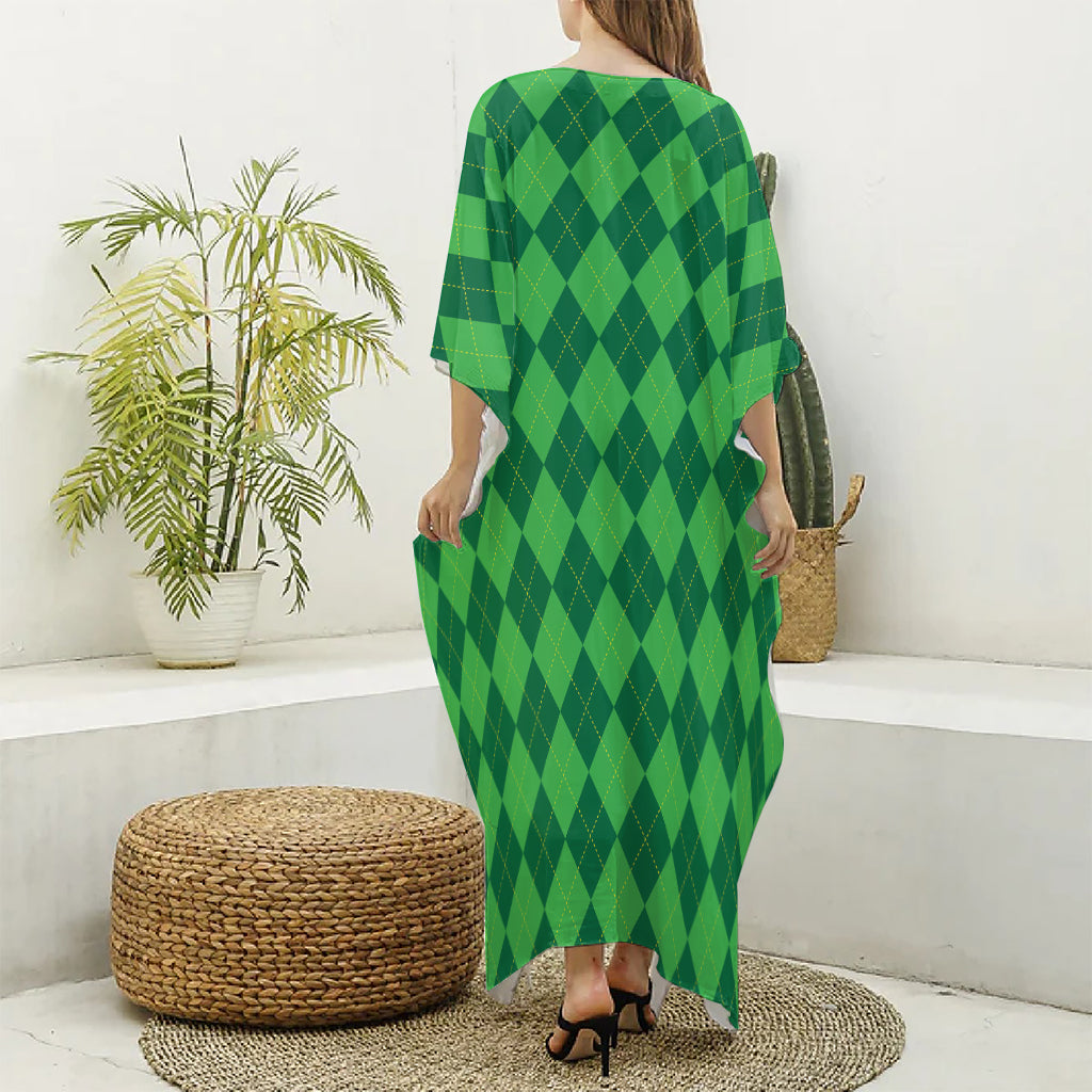 Green Argyle Pattern Print Silk V-Neck Kaftan Dress