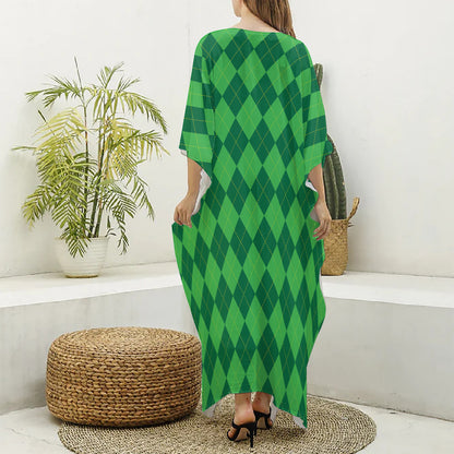 Green Argyle Pattern Print Silk V-Neck Kaftan Dress